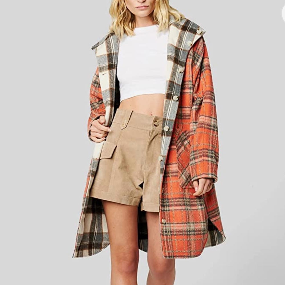 Blank NYC Orange Plaid Hooded Coat